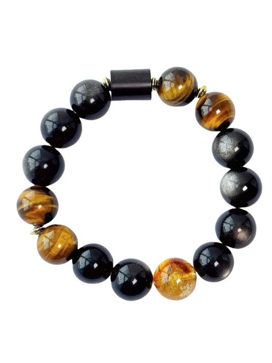 Starharmony Triple Energy Protection Bracelet With NFC - Silver Black Onyx、Golden Tiger's Eye、Yellow Crackled Quartz